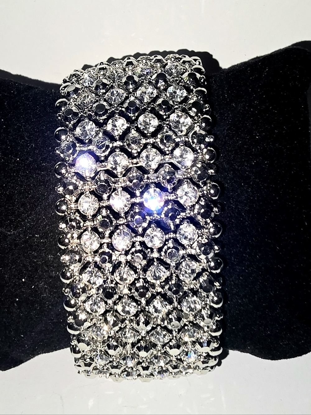 Luxury Rhinestone Statement Cuff Bracelet Silver Wide Heavy Bling Sparkle Glam